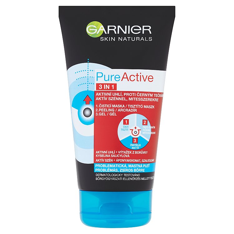 Fotografie Garnier Skin Active Pure Active Intensive 3 v 1 proti černým tečkám s aktivním uhlím 150 ml Garnier