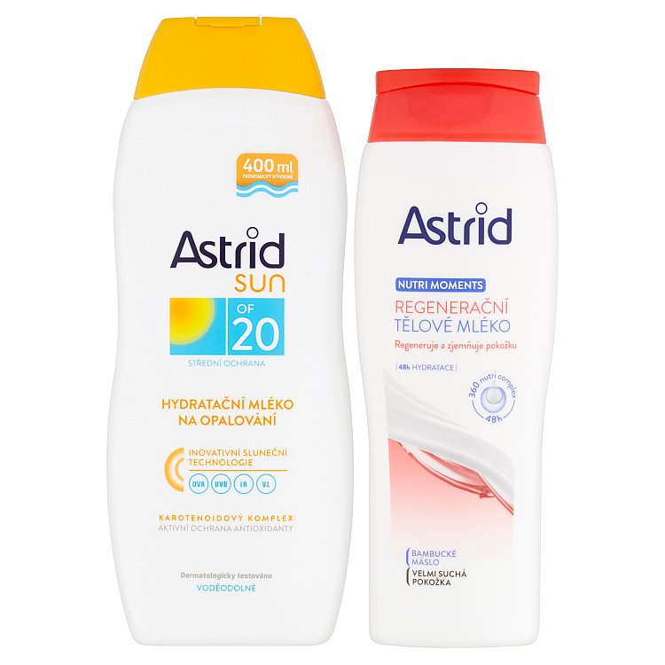 Astrid Sun hydratační mléko na opalování OF 20 + Nutri Moments regenerační tělové mléko 400 a 250 ml
