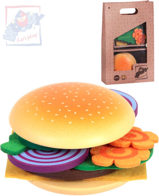 WOODY DŘEVO Sada výroba hamburgeru dětské makety potravin v taštičce