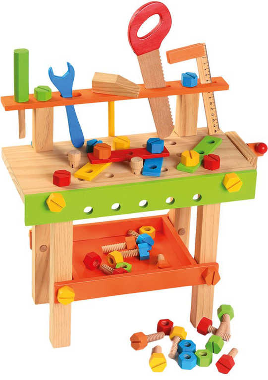 BINO DŘEVO Dětský pracovní stůl barevný ponk set s nářadím a doplňky