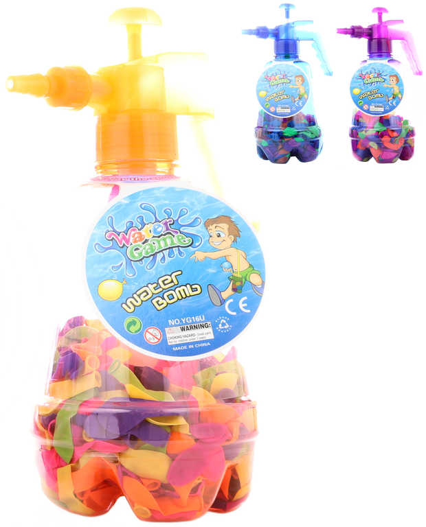 Pumpa plnič na vodní balonky set tlakovací láhev + vodní bomby 100ks 3 barvy