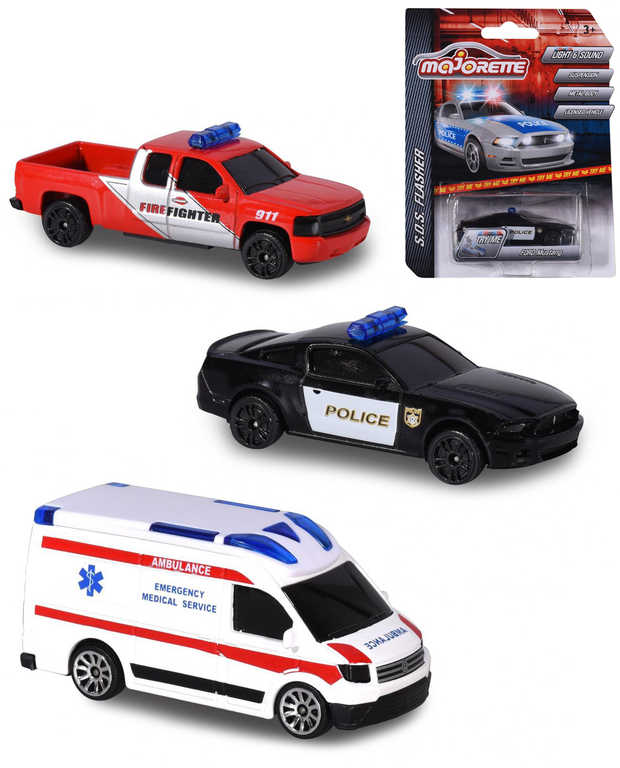 MAJORETTE SOS Auto hasiči/policie/sanitka na baterie Světlo Zvuk 3 druhy kov